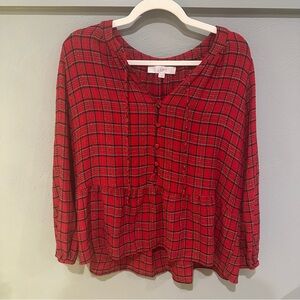 LOFT holiday gold shimmer red plaid top